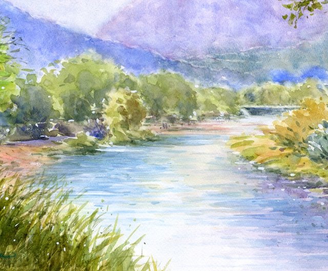 水彩画 初夏の穂高川 松下勝明 | ポスター・絵 - Pinkoi
