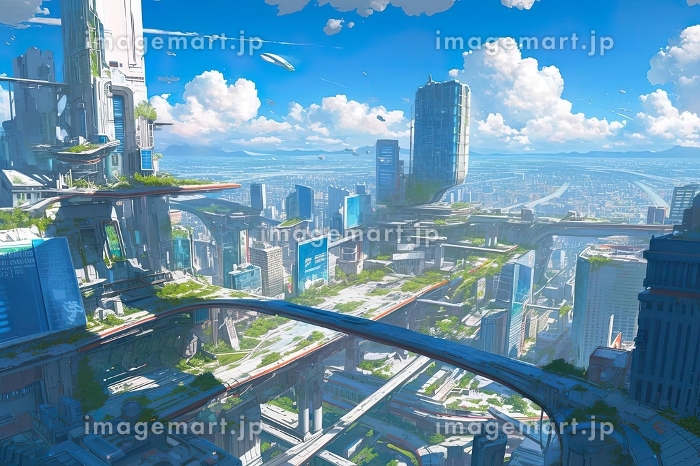 未来都市のSFファンタジー風景画[AI生成画像]のイラスト素材