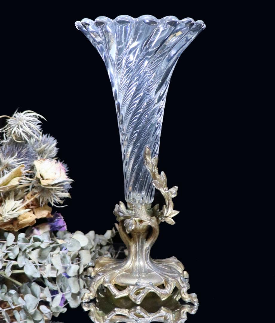 オールド・バカラ 美術館級 大型 センターピース 花瓶 ブロンズ装飾 バンブー オールドバカラ「エグランチェ E'GLANTIER 台座付 花瓶3点